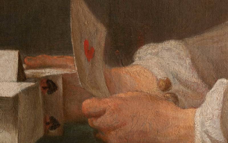 Detail of hands and deck of cards by Chardin