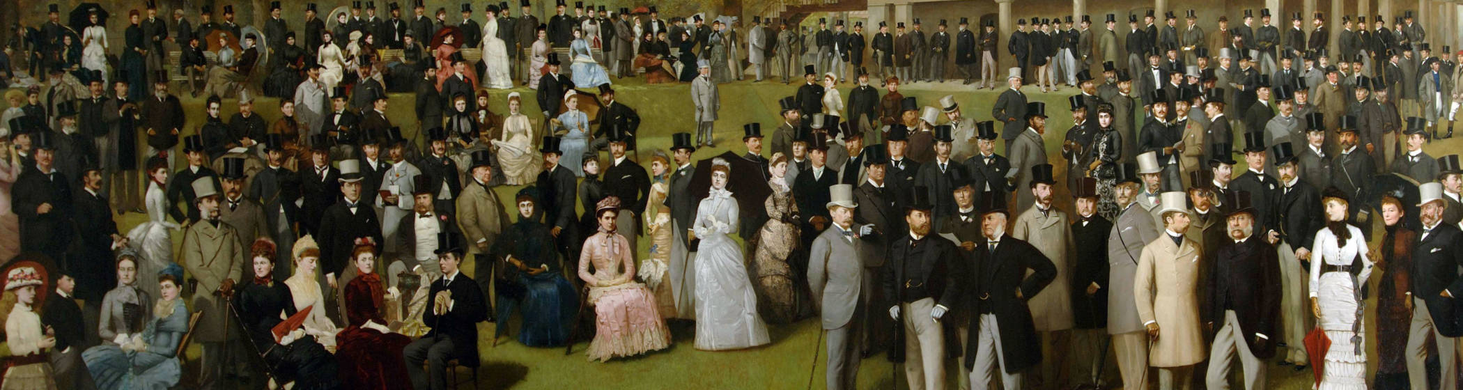 An oil painting of People on the lawn at Godowood including various Rothschilds.