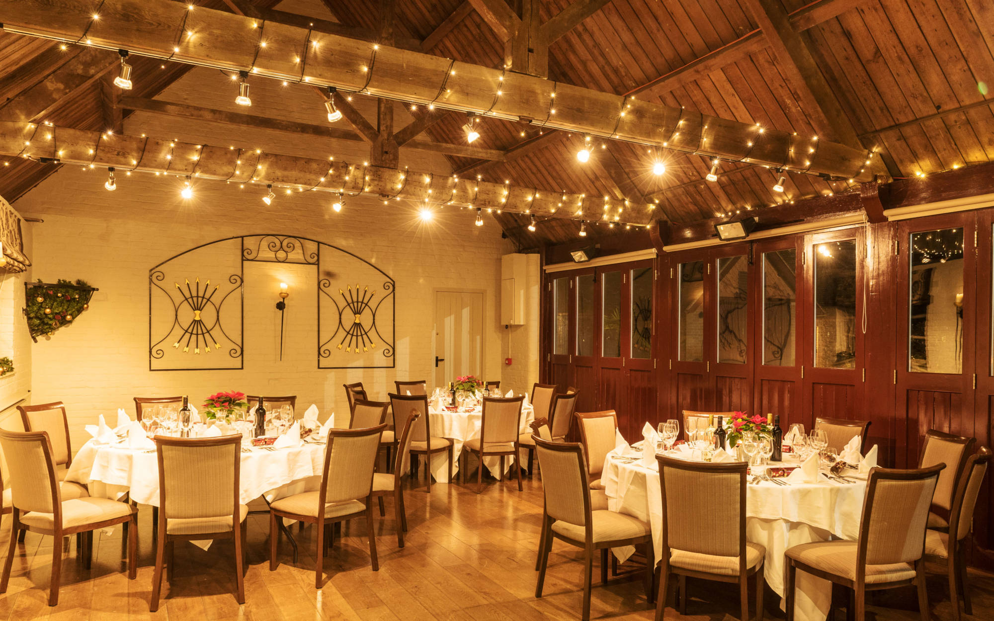 Round Tables decorated for christmas dinner