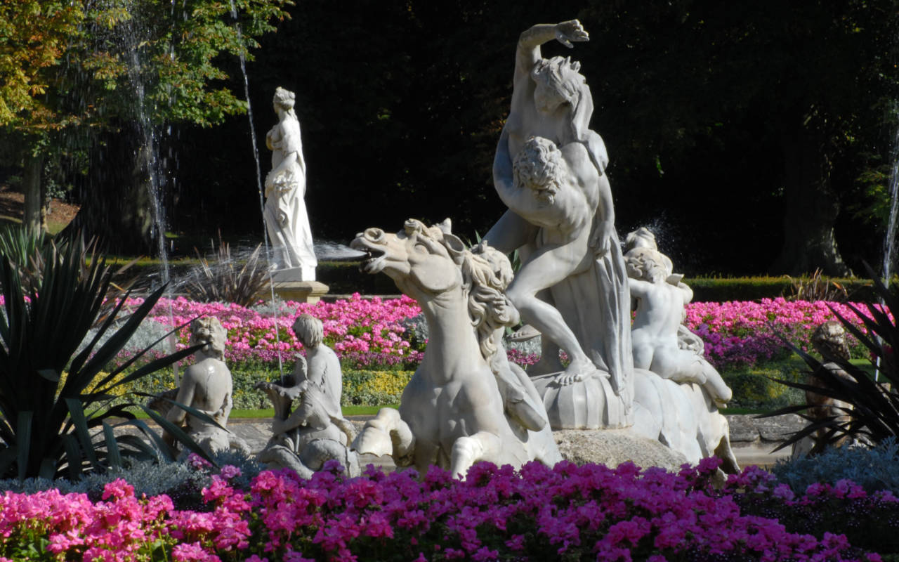 South Fountain sculptures in the Parterre with spring blooms