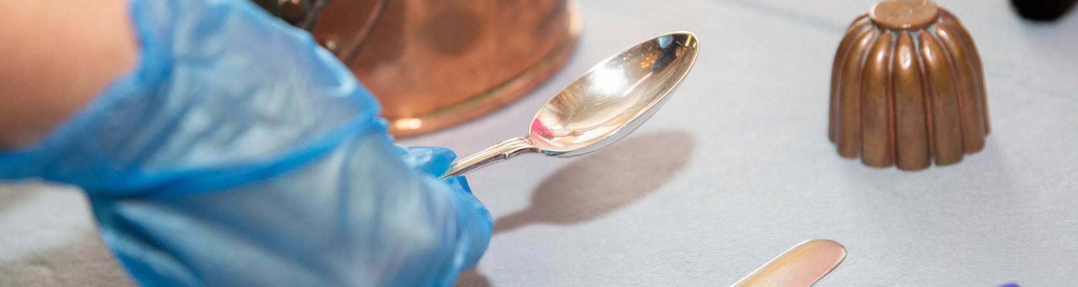 Spoon, knife and copper jelly mould for object handling